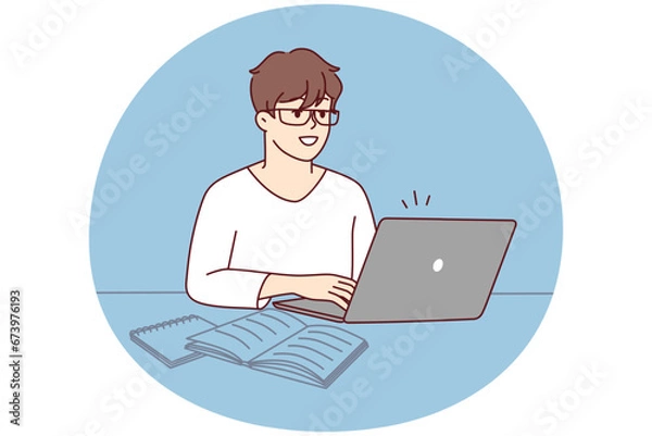 Fototapeta Smart young man sit on table work on laptop with textbooks. Smiling male busy study on computer at home office. Technology and education. Vector illustration.