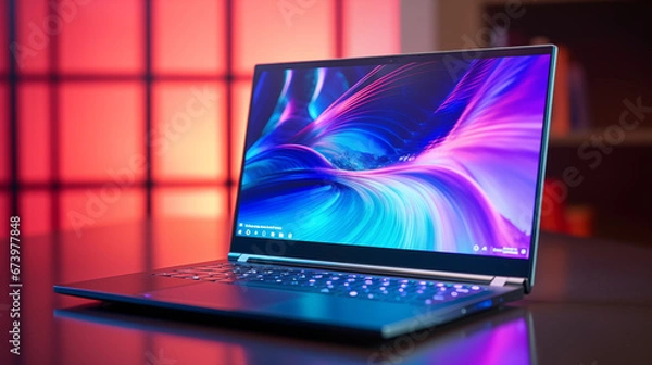 Fototapeta Laptop computer with screen with bright and vibrant colors