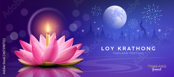 Fototapeta Loy krathong thailand festival, realistic pink lotus flower, candle, fireworks at moonnight banner design blue background, eps10 vector illustration
