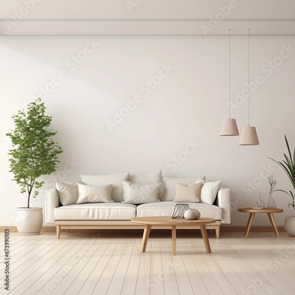 Fototapeta Minimalist modern living room interior background, Scandinavian style, 3D render