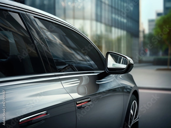 Fototapeta primo  piano dello specchietto laterale grigio  scuro di un'auto moderna