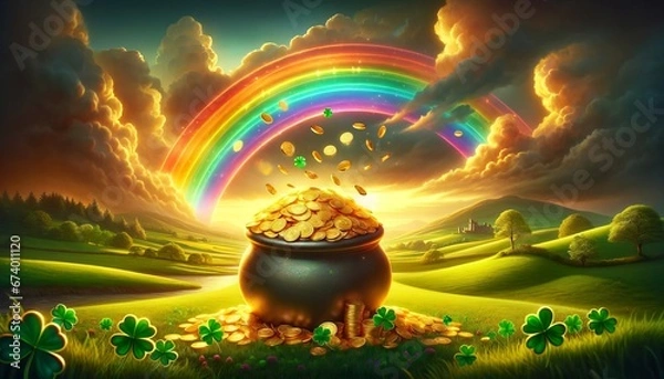 Fototapeta A St. Patrick's Day Vision Gold at the end of a rainbow