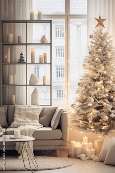 Obraz Cozy stylish living room in pastel color with sofa, pillows and plaid, selving with trinkets, table and carpet. Decorated christmas tree with star and burning candles, new year's home decor 