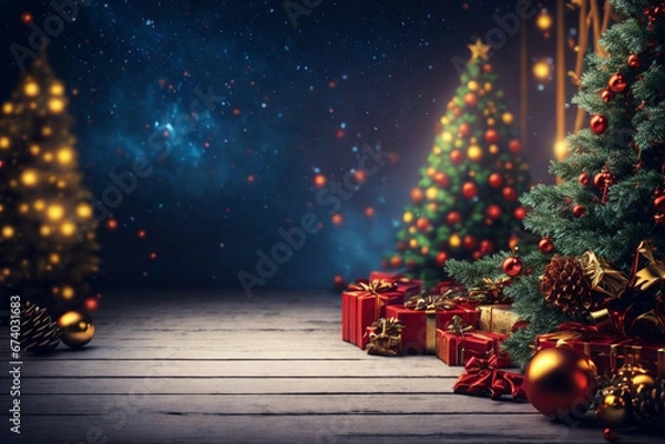 Fototapeta Christmas tree and gifts on a wooden background. New Year and Christmas.
