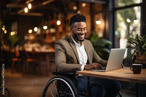 Fototapeta Focused black disabled man in wheelchair working with documents, using laptop at home office. Handicapped Afro man sitting at desk with computer, checking financial reports.