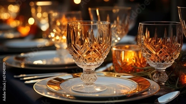Obraz Closeup Glasses Tableware Evening Dinner Party, Bright Background, Background Hd