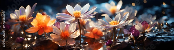 Fototapeta Bright Flowers Growing In Water. Illustration On The Theme Of Vegetation And Nature, Ecology And Climate. Generative AI