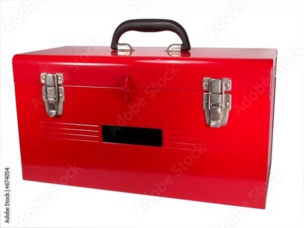 Obraz Big Red Closed Metal Portable Tool Box with a Lock, two Latches and a Label - Handle up (close-up, isolated on white background)
