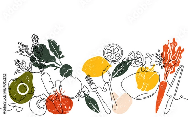 Fototapeta Background with vegetables and utensils. Salad preparation process. Vector illustration.