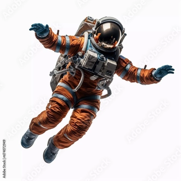 Fototapeta Fully clothed astronaut flying in zero gravity, on an isolated white background