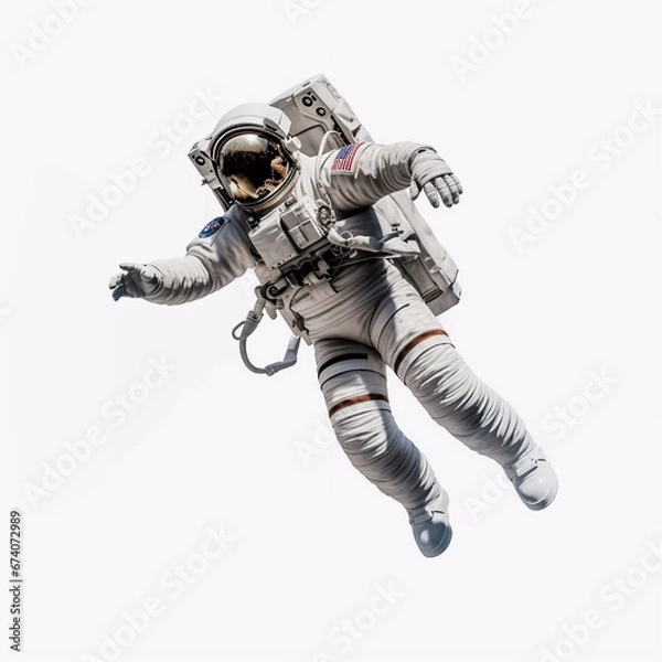 Fototapeta Fully clothed astronaut flying in zero gravity, on an isolated white background