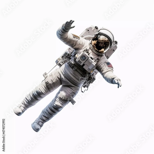 Fototapeta Fully clothed astronaut flying in zero gravity, on an isolated white background