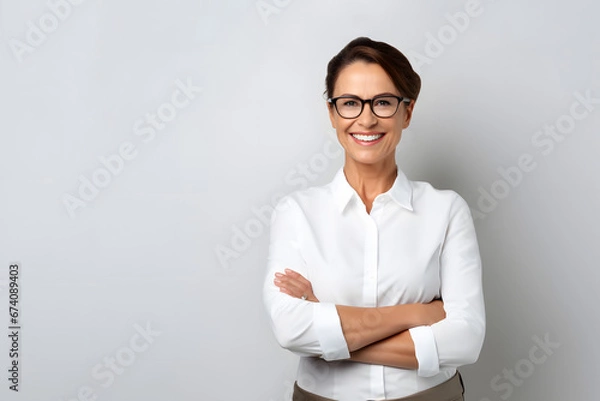 Obraz Mature businesswoman smiling confident with arms crossed, looking like a senior manager or a female entrepreneur, standing against a white background