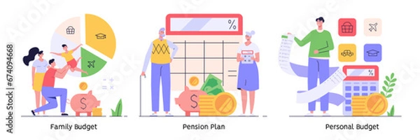Fototapeta Family budget set. Yong couple with child saving money and planning expenses with piggy bank, calculator and coins. Collection of family money, household finance. Flat cartoon vector illustration