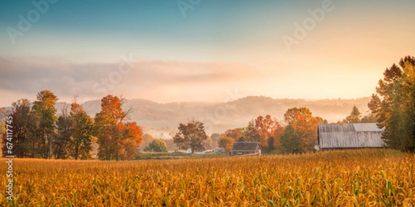 Obraz Misty autumn morning on a farm field in Vermont