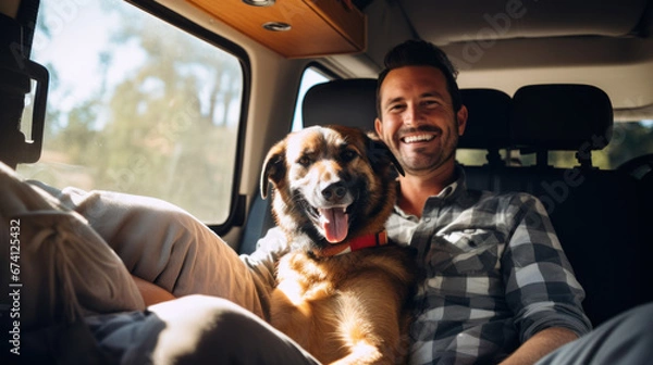 Obraz happy dog with owner sitting in their camper van