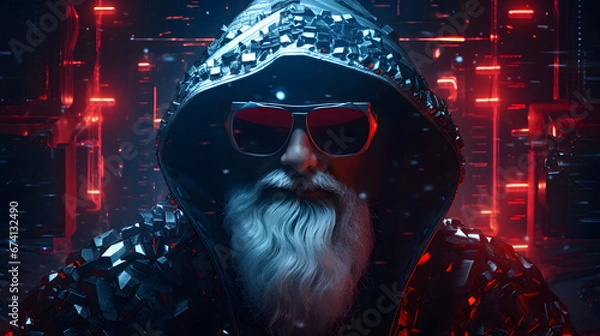 Fototapeta Cyberpunk style portrait of Santa Claus. 3D Rendering