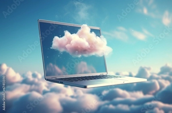 Obraz Cloud computing technology concept with laptop, laptop floating above a cloud in the sky