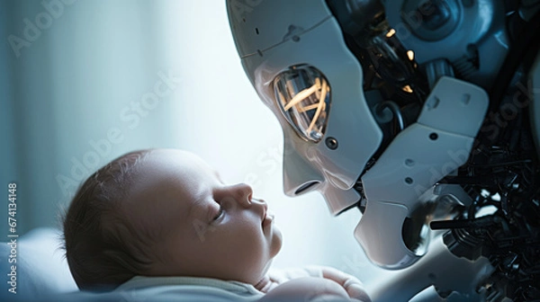 Obraz humanoid robot holding human baby extremely closeup, ai future