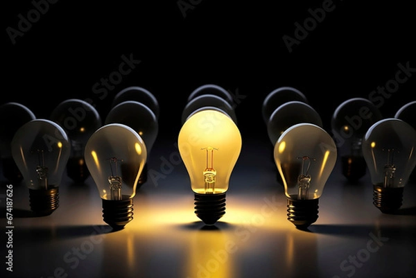Obraz conceptual image of a group of unlit light bulbs which are placed around another light bulb that is on and is different and stands out from the rest, the light of the bulb is reflected on the floor