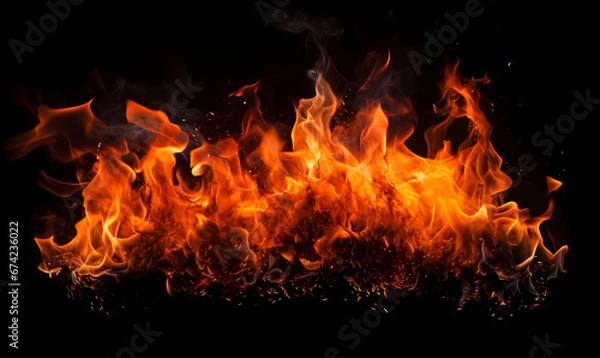 Fototapeta Ai generated texture of fire on a black background, fire flame, burning fire on a dark area, fire background, fire frame, fire flames background