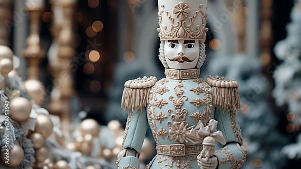 Obraz Photo of a white and gold wooden nutcracker, on a white Christmas background or village, with snow and gold spheres, generative AI
