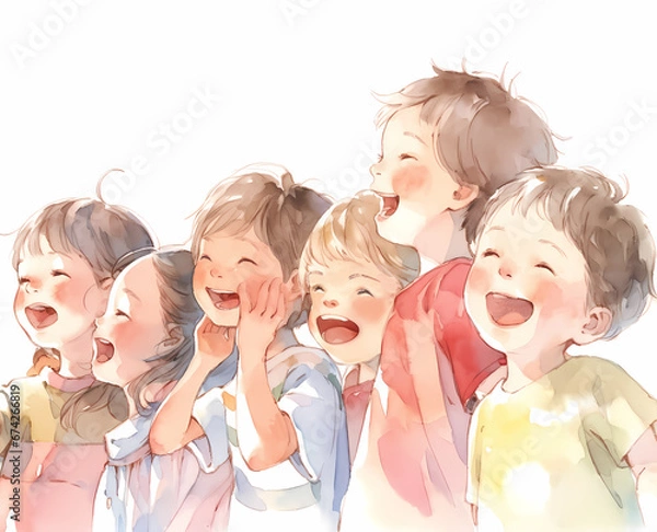 Fototapeta 元気に声援を送る笑顔の子どもたち　水彩画風