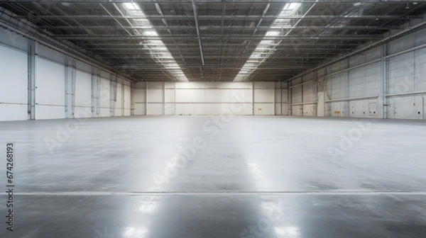 Fototapeta A Empty warehouse with concrete floor inside industrial building Use it as a large factory, warehouse, hangar or factory. Modern interior with steel structure with space for an industrial background.