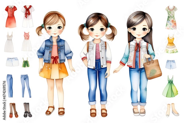 Fototapeta It is a paper doll with pictures of girls. You can have fun playing with dolls by cutting them with scissors. Generative AI.