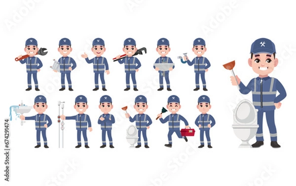 Fototapeta Set of plumber with different poses