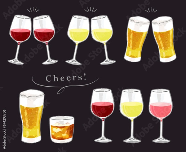 Obraz チョークアート風のアルコールドリンクのベクターイラストセット