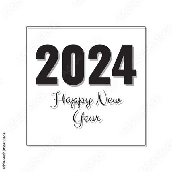 Fototapeta Simple inscription in gray color on a white background Happy 2024 in a square frame. Vector illustration