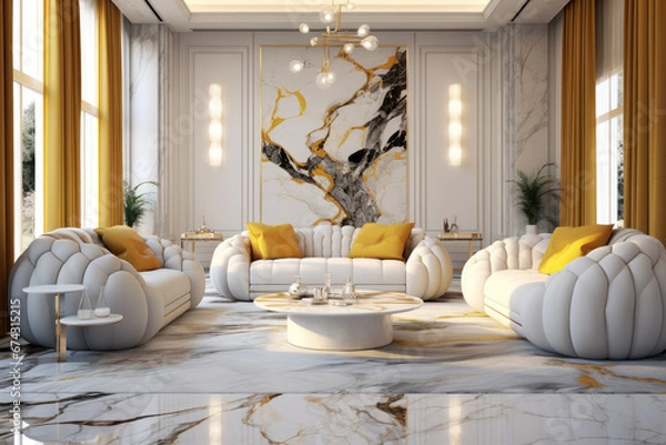 Obraz luxury room interior fancy apartment suite hotel lounge with white and gold marble and furniture, Generative AI 