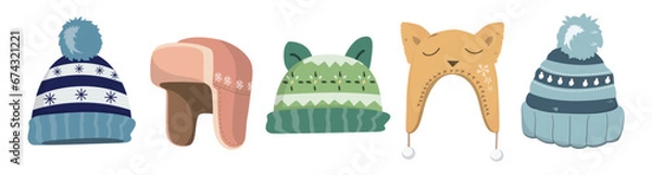 Obraz Cute winter hats set. Design elements for a winter greeting card for New year or Christmas. Vector Illustration.