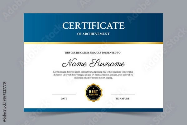 Obraz Modern elegant blue and gold certificate template. Appreciation for business and education. Vector illustration