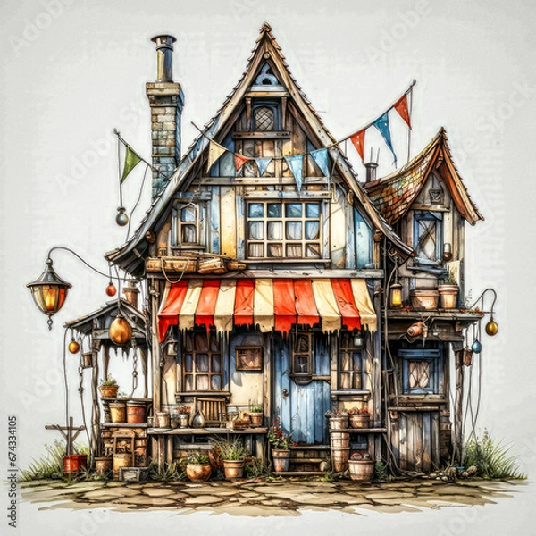 Obraz On a plain white background, an aged 19th-century circus shack, in a vintage cartoon style, showcases its worn yet colorful charm.