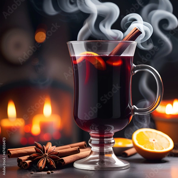 Fototapeta Mulled wine with spices on a dark background. Christmas mulled wine.