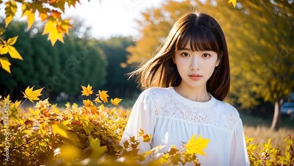 Obraz 紅葉と女性