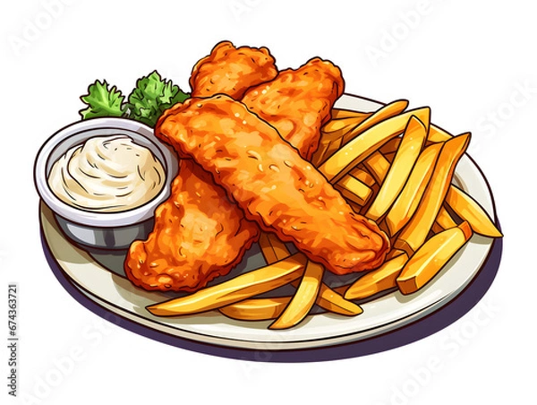 Fototapeta Vibrant illustration of a typical British meal - Fish And Chips with tartare sauce.