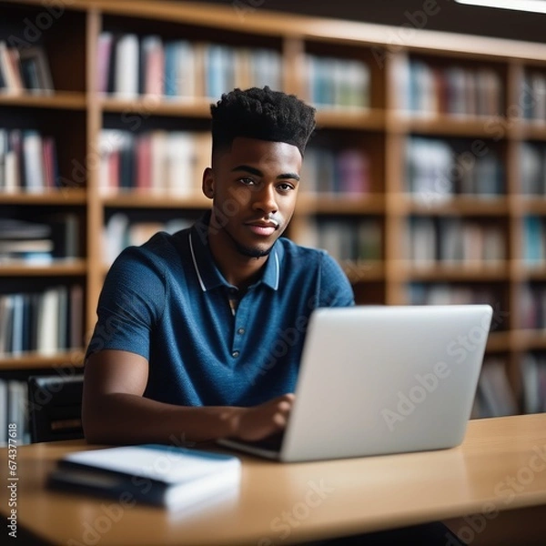 Fototapeta Student guy in the library studying on a laptop