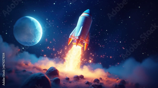 Fototapeta Spaceship 3d cartoon illustration takes off into the night sky on a mission. Rocket starts into space. 