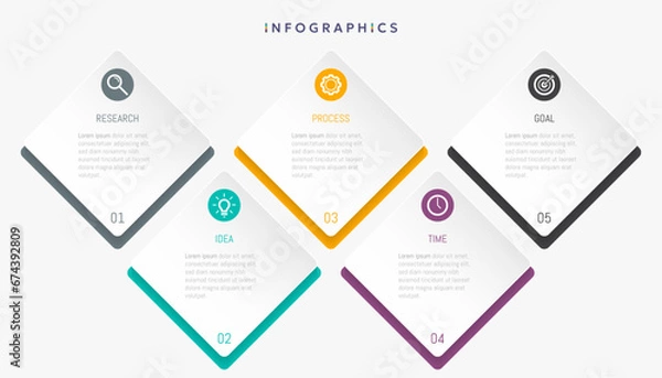Fototapeta Modern business infographic template, square shape with 5 options or steps icons.