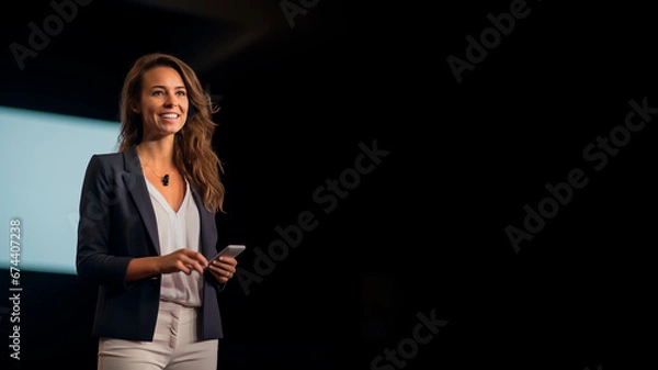 Fototapeta Female keynote speaker or influencer holding a motivational presentation to a live audience. Concept of speaking in front of people, perhaps as a leader or presenter. Shallow field of view.