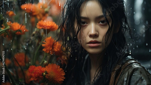 Fototapeta Rain-soaked Reverie: Floral Deluge Glimpse