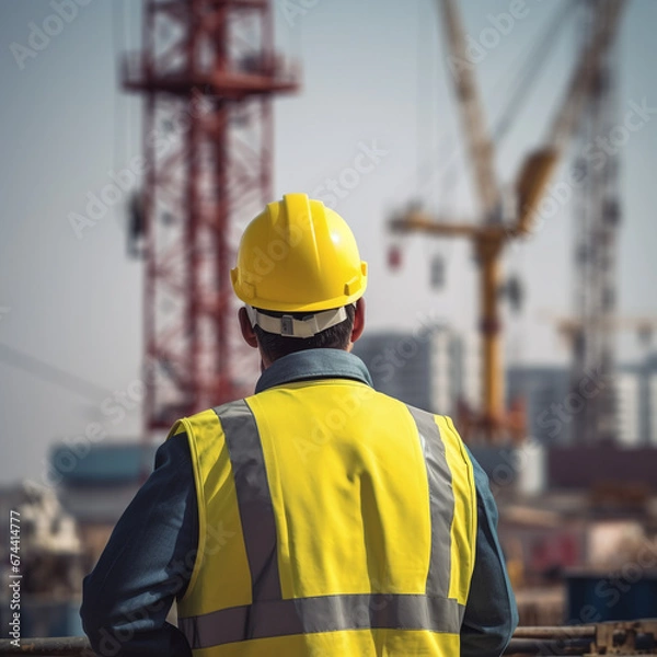 Obraz An engineer in uniform is standing and looking towards the construction site