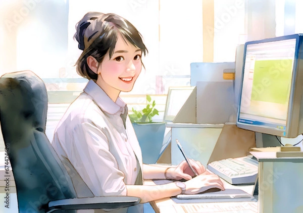 Obraz 笑顔で仕事をする女性事務員
