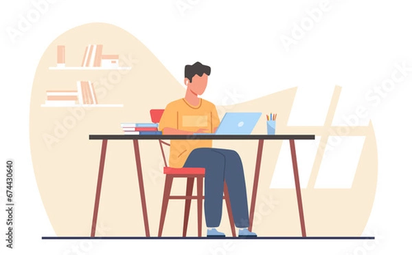 Fototapeta Concept of gaining knowledge online, young guy is being trained using laptop computer. Boy in headphones sitting at desk and doing homework with computer. png cartoon flat illustration