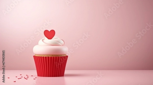 Fototapeta Cupcakes decorated with sugar hearts for Valentine's Day on red background