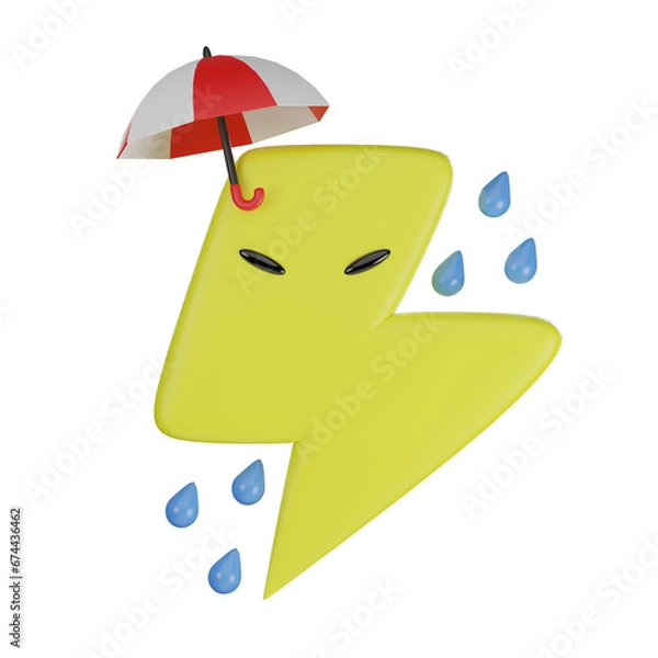 Fototapeta 3D render thunder icon with umbrella in cute style on isolated background.