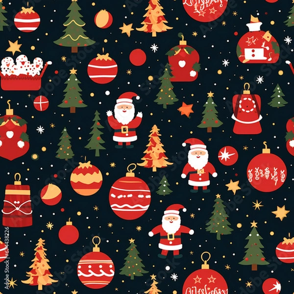 Obraz Christmas seamless pattern with red Christmas graphic elements on dark background